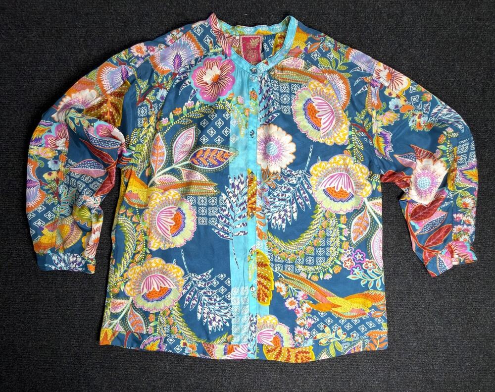 Johnny Was Wild Kalani Silk Blouse L Floral Bird Button Front Boho Shirt